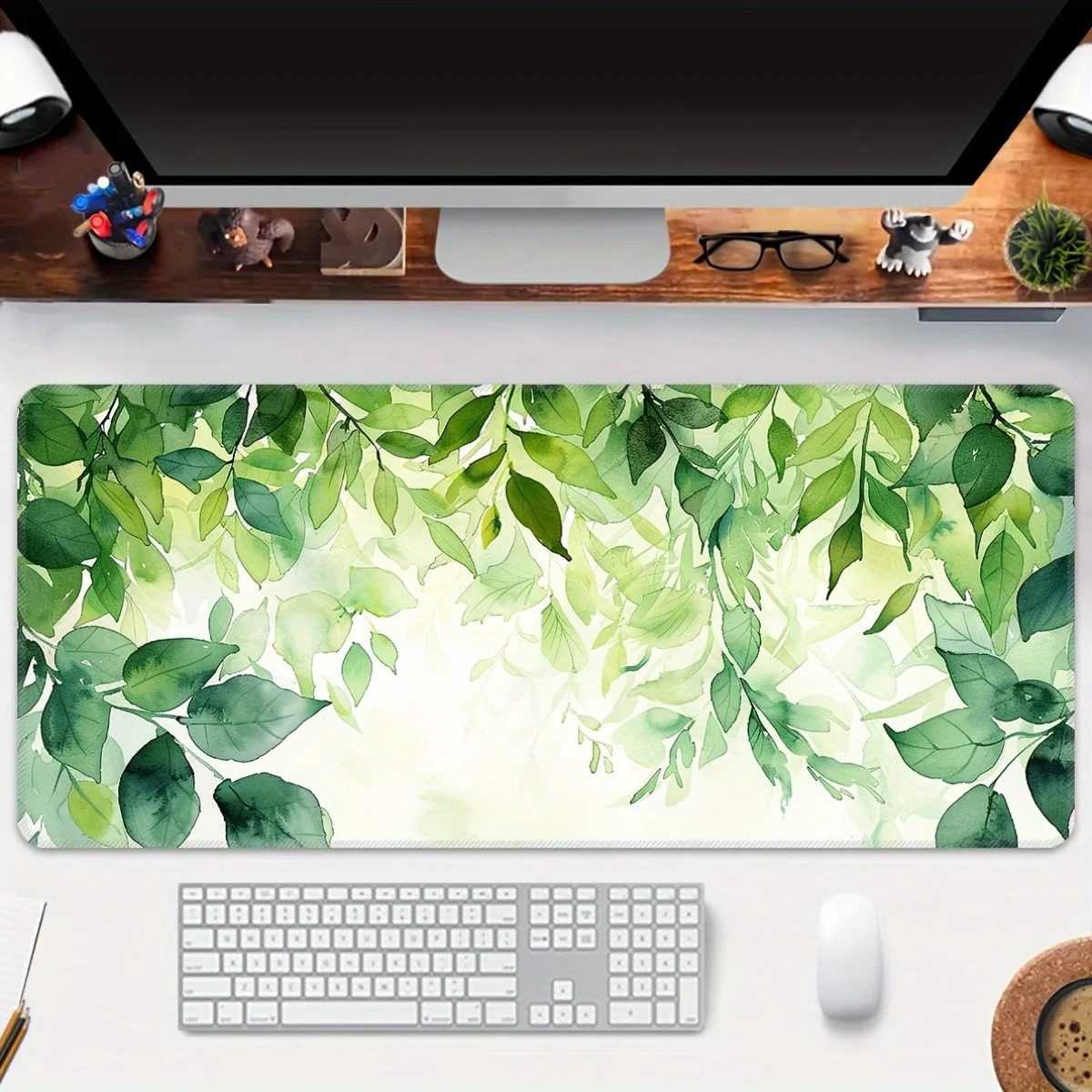 1PC Extra Large Desk Mat 1PC Long Gaming Mouse Mat 1 large gaming mouse pad, green leaf watercolor design, non-slip rubber sole,