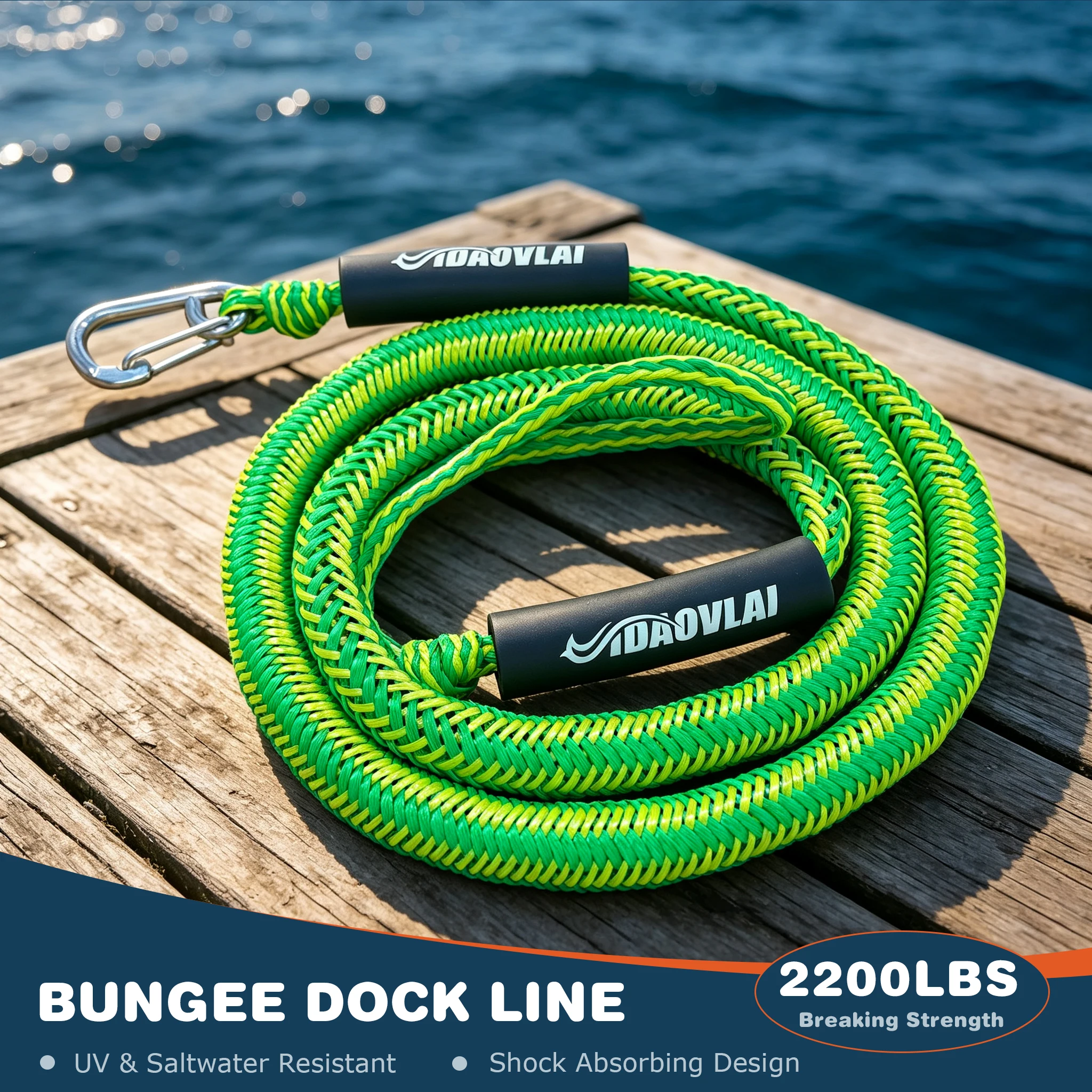 Bungee Dock Line 7ft Stretches to 11ft, 2200LBS Heavy Duty Boat Rope with Stainless Steel Hook / Double Loop, 1/2 Pack Available
