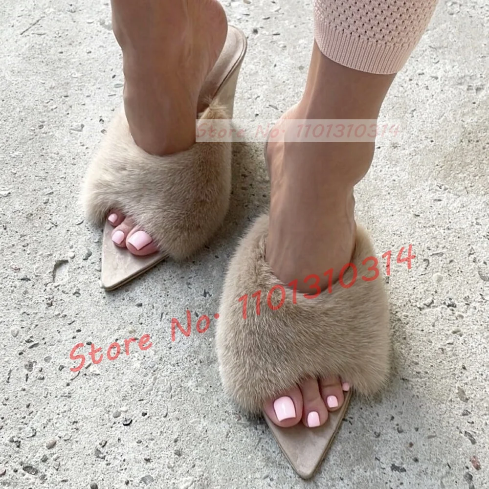 Khaki Fur Wedge Mules Women Elegant Nifty Pointy Open Toe Furry Heeled Slippers Female Trending Party Lovely Outfit Suede Shoes