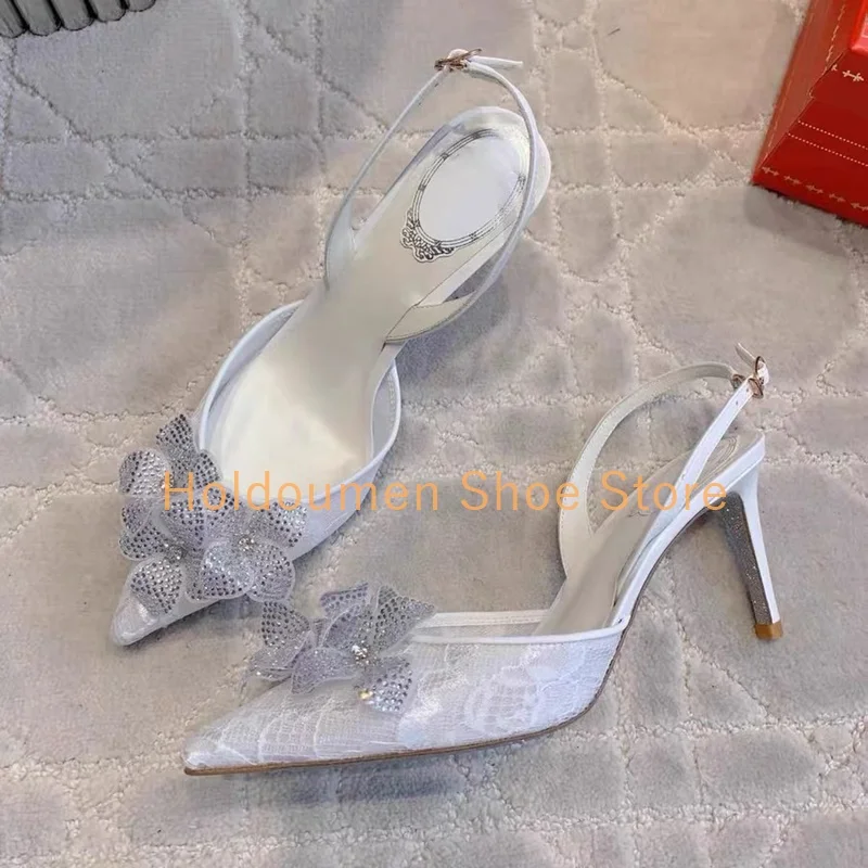 Multicolor Lace Mesh Wrapped Pointed Toe Diamond Flower Decor Women's Sandals Sexy Slingback Back Strap Buckle Stiletto Sandals