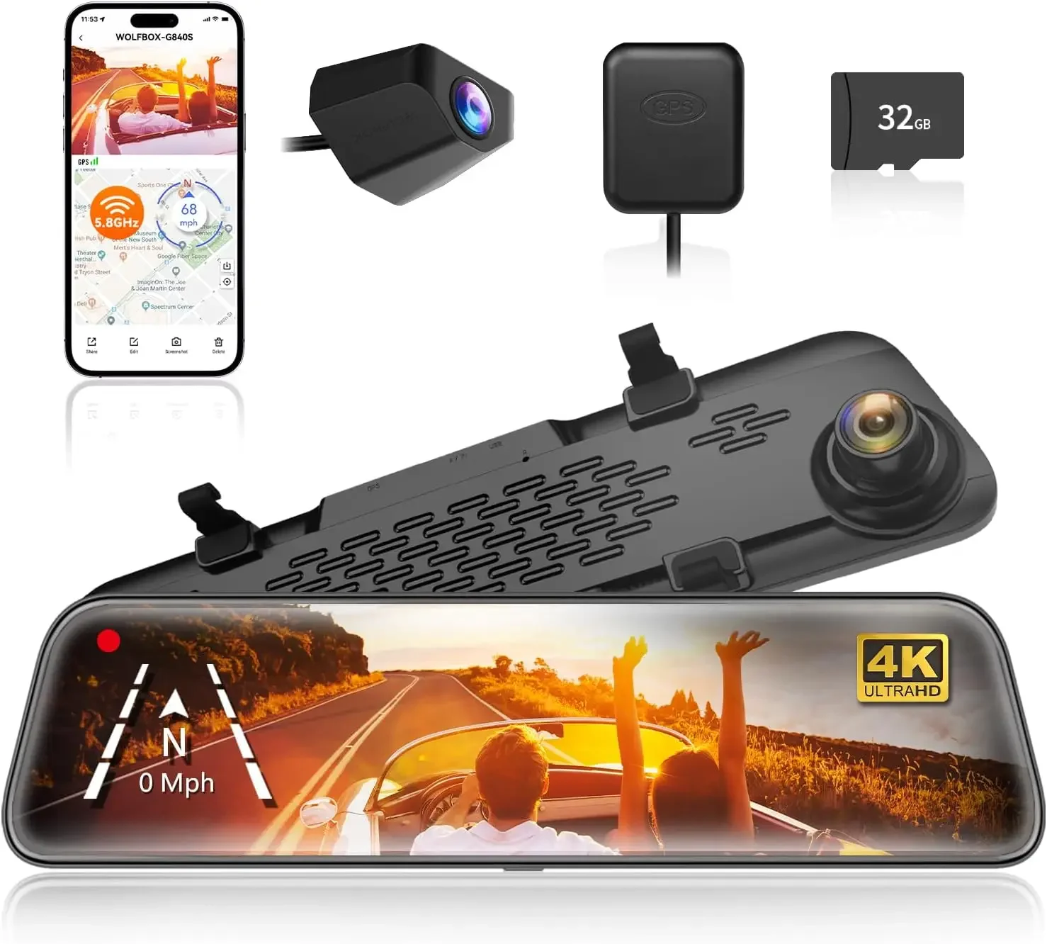 

G840S 12-дюймовое 4K зеркало-видеорегистратор с камерой заднего вида, 5.8ГГц Wi-Fi смарт-зеркало заднего вида для автомобилей и грузовиков, двойная камера для переднего и заднего обзора