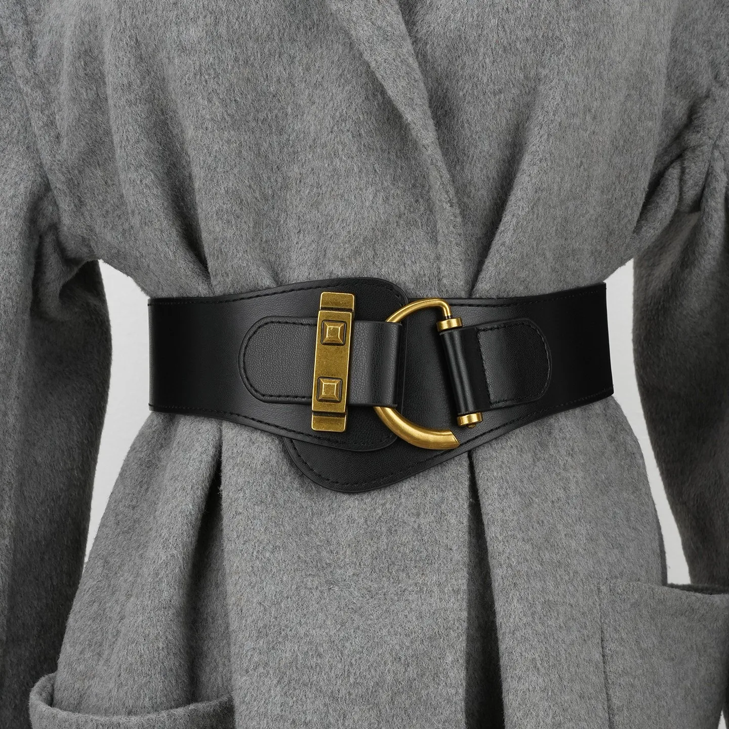 Vintage Gold Buckle PU Elastic Wide Belt, Simple Waist Cincher for Coats, Fashion Accessory