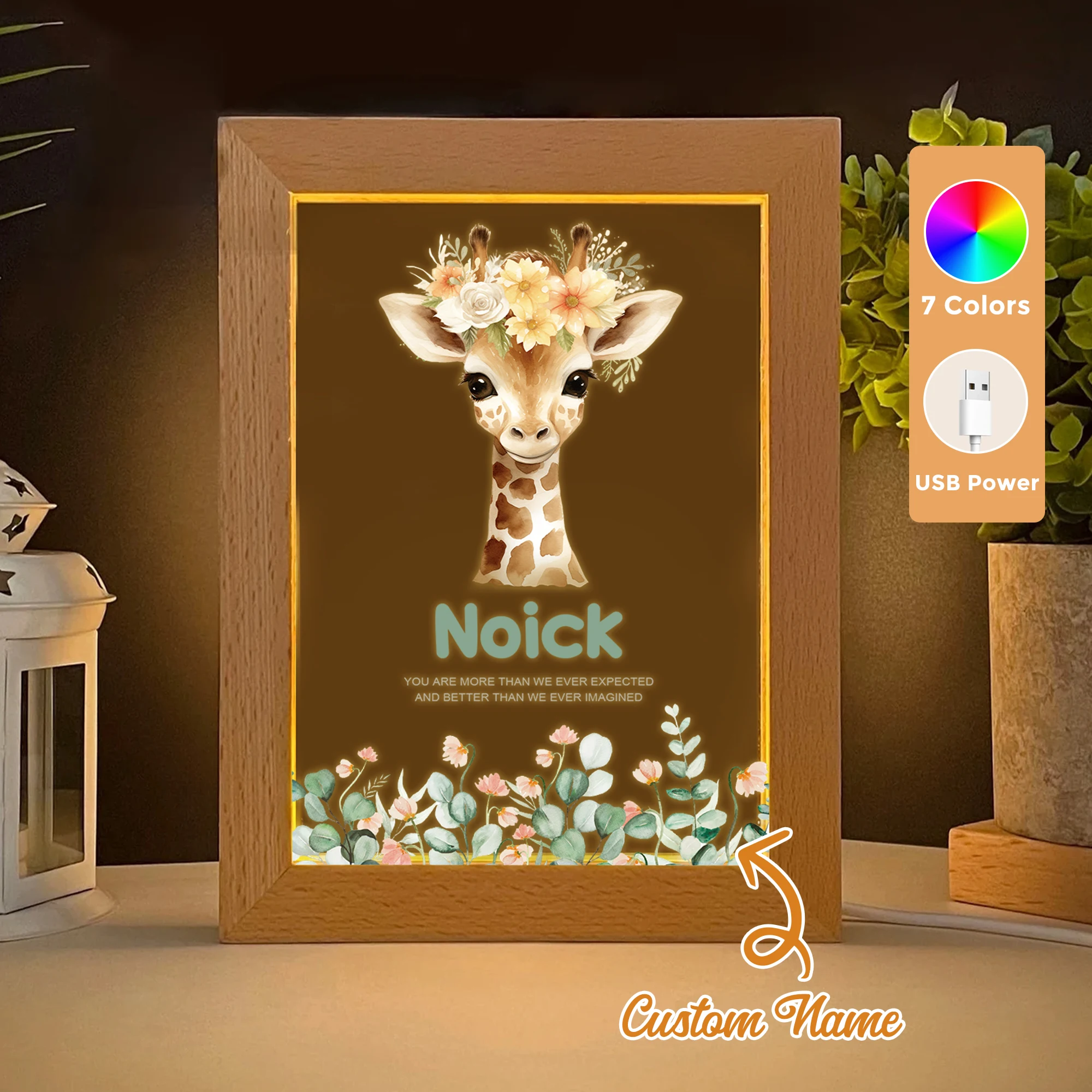 

2D Flat Custom Name Giraffe With Flowers LED Acrylic Night Light Wood Photo Frame 21x17cm Family Bedroom Gifts Home Decor
