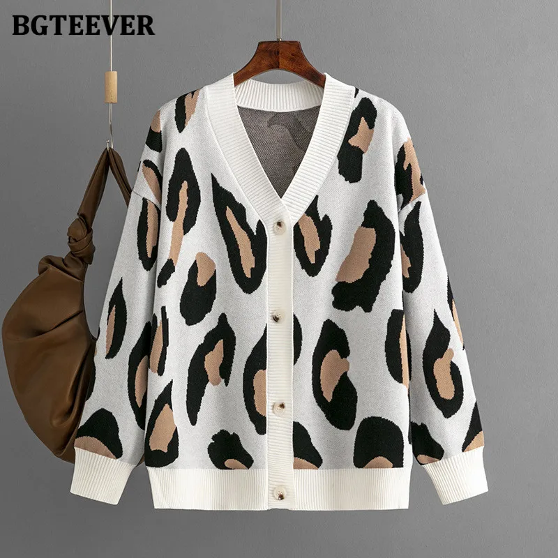 BGTEEVER Stylish Loose Leopard Women Open Stitch Sweaters Elegant V-neck Long Sleeve Female Knitted Cardigans