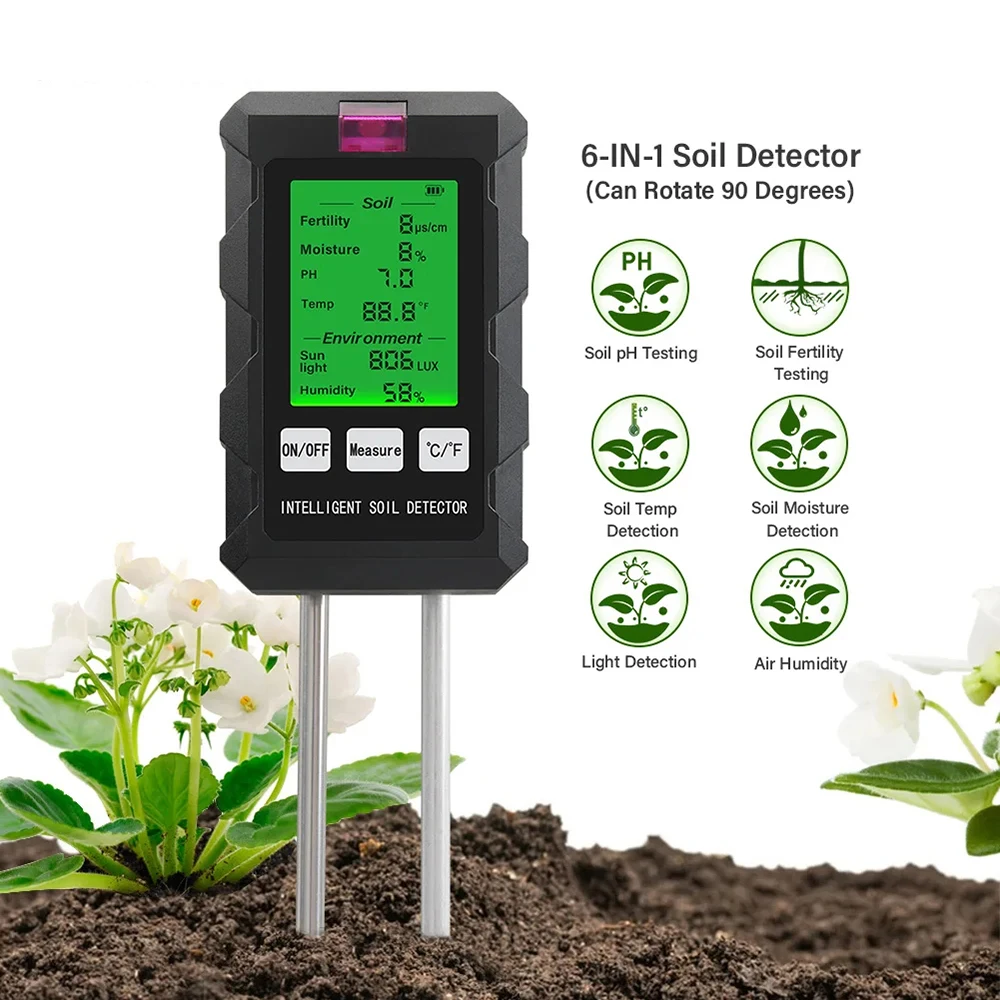6-in-1 Soil Detector Soil pH Testing Soil Fertility Testing Soil Temp Detection Soil Moisture Detection Light Detection Air Humi