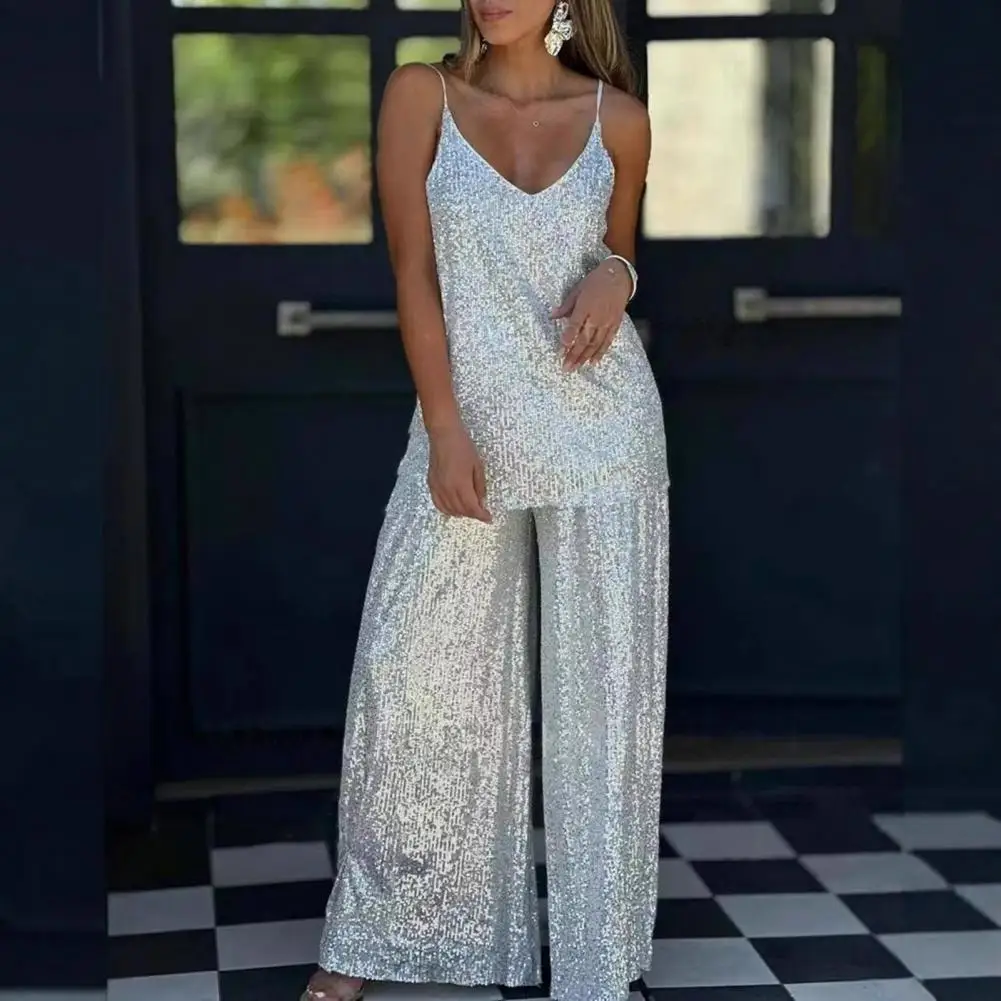 Wygodny damski komplet z cekinami, dwuczęściowy zestaw dla kobiet, top na ramiączkach z dekoltem typu scoop, spodnie z szerokimi nogawkami, elegancka sukienka wieczorowa na przyjęcie.