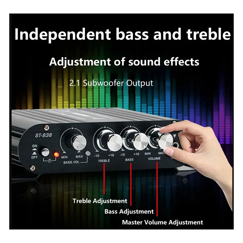 مضخم صوت سوبر باس HiFi ، 2.1 قناة ، سيارة MP3 أمبير صغير ، مدخل AUX ، تعديل باس عالية ومنخفضة ، 20 واط x 2 + 40 واط ، دائم ، ST-838