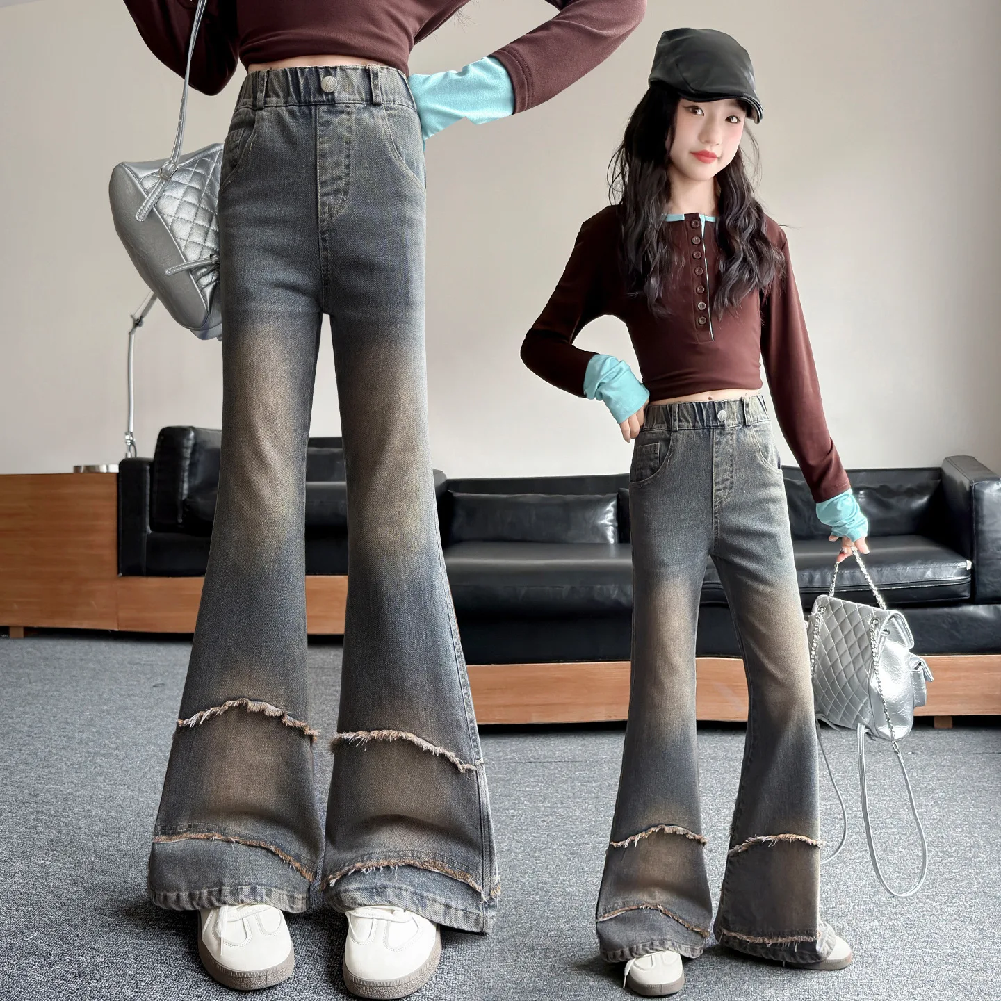 Teenager Girls Slim Fit Bell Bottom Flared Jeans Tweens Kids Elegant Boot Cut Denim Pants Vintage Distressed Trousers 4-14 Years