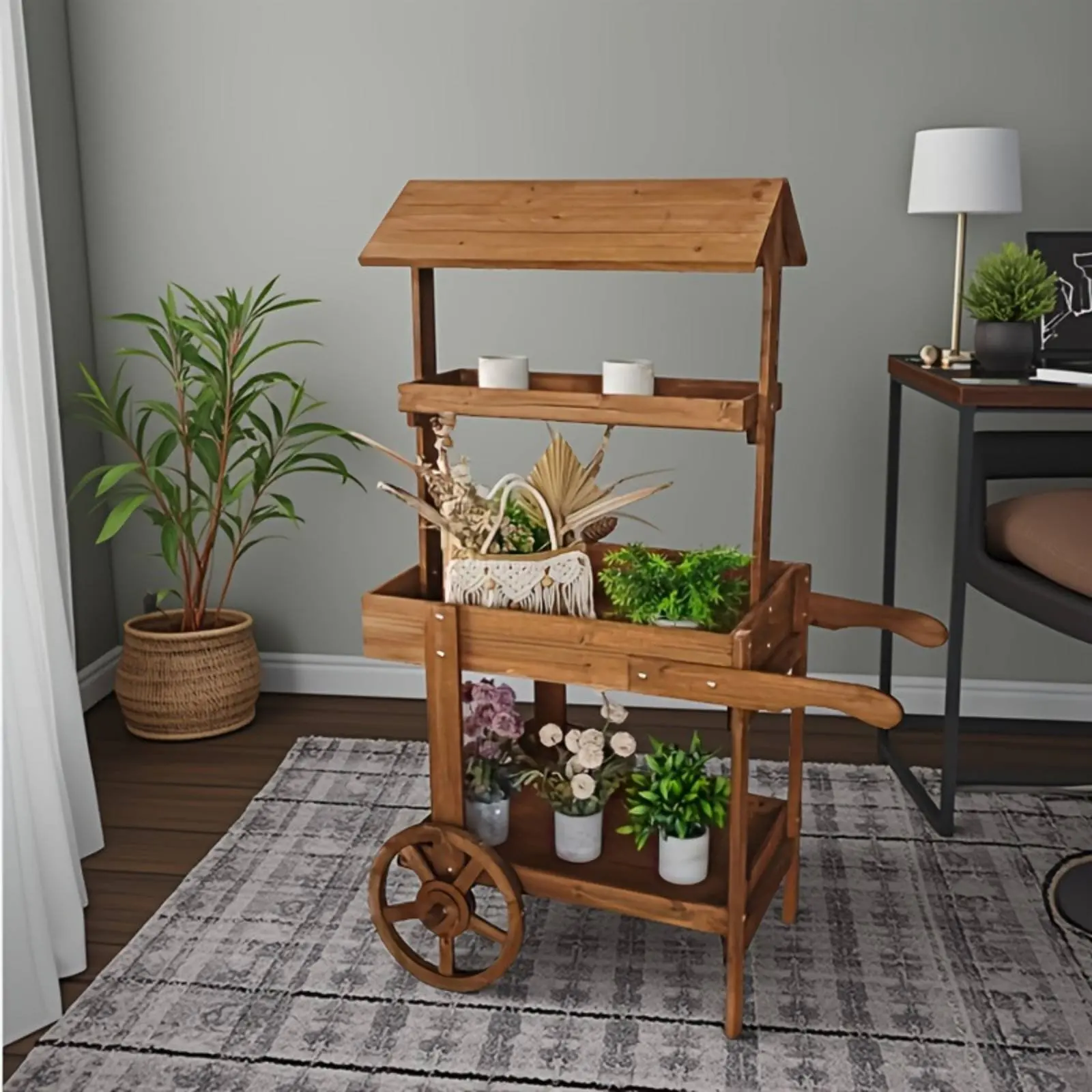 

Wooden Flower Trolley Decorative Wheels Flower Trolley Stand Vintage Market Trolley Multi-Level Storage Home Decor