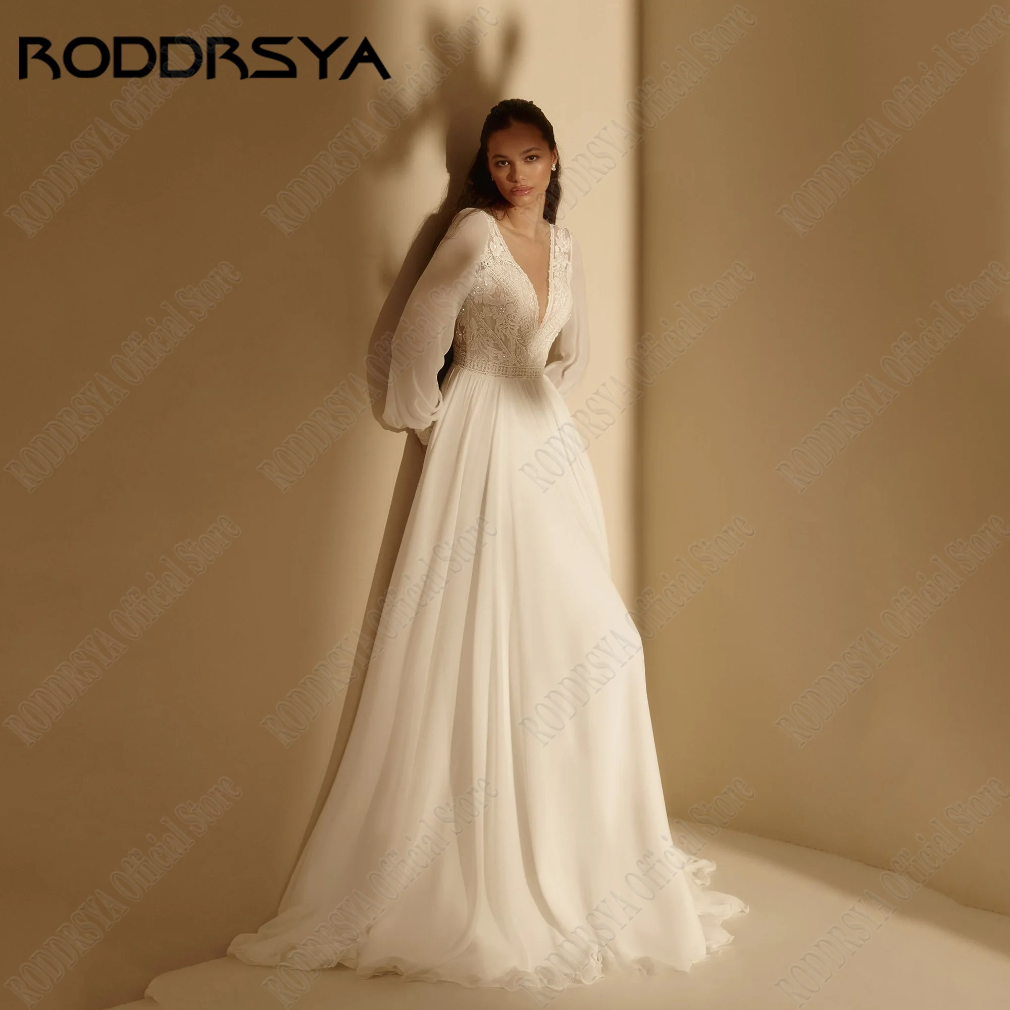 RODDRSYA O-hals pofmouwen trouwjurk voor vrouw chiffon A-lijn rugloze elegante applique bruidsjurk Vestidos De Novias 2024RODDRSYA O-hals Puff Mouwen Bruidsjurk Voor Vrouw Chiffon A-Lijn Backless Elegante Applique Brui