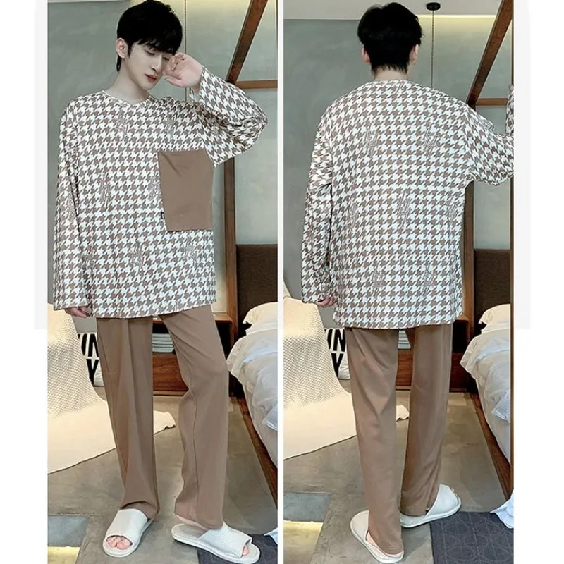 Pajamas Men's Long Sleeved Autumn Winter 2024 New Round Neck Thin Sleepwear Casual Youth Homewear Plus Size Loungewear Set