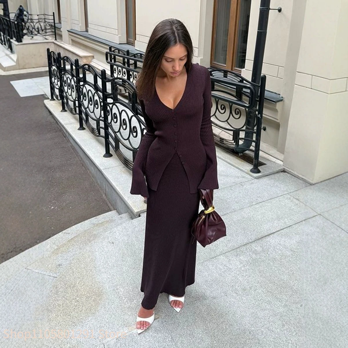 Women Ribbed Knit 2 Piece Outfit V Neck Flare Sleeve Cardigan High Waist Long Skirt Set Elegant Solid Matching Suit Spring Autum