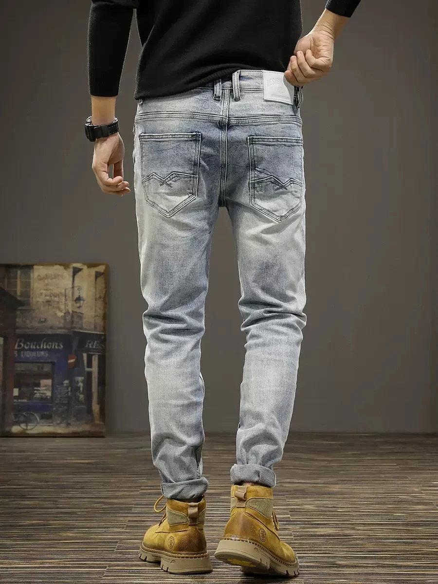 Italian Style Fashion Men Jeans Retro Light Blue Elastic Stretch Slim Fit Ripped Jeans Men Vintage Designer Denim Pants Hombre