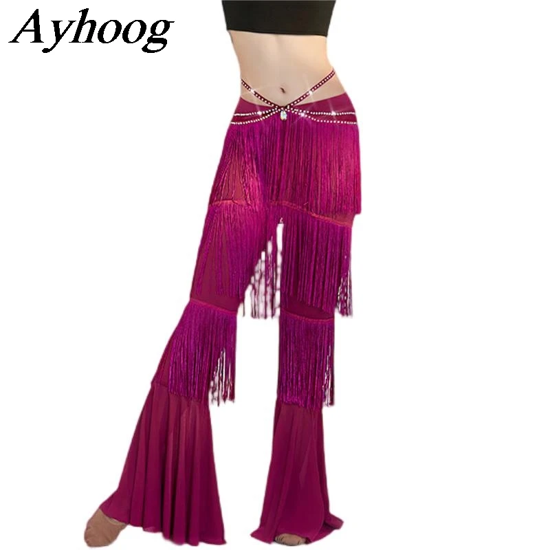 2024 Belly Dance Tassel Flared Pants Women Belly Dance Practice Trousers Professional Oriental Dance Performance Pant for Girl