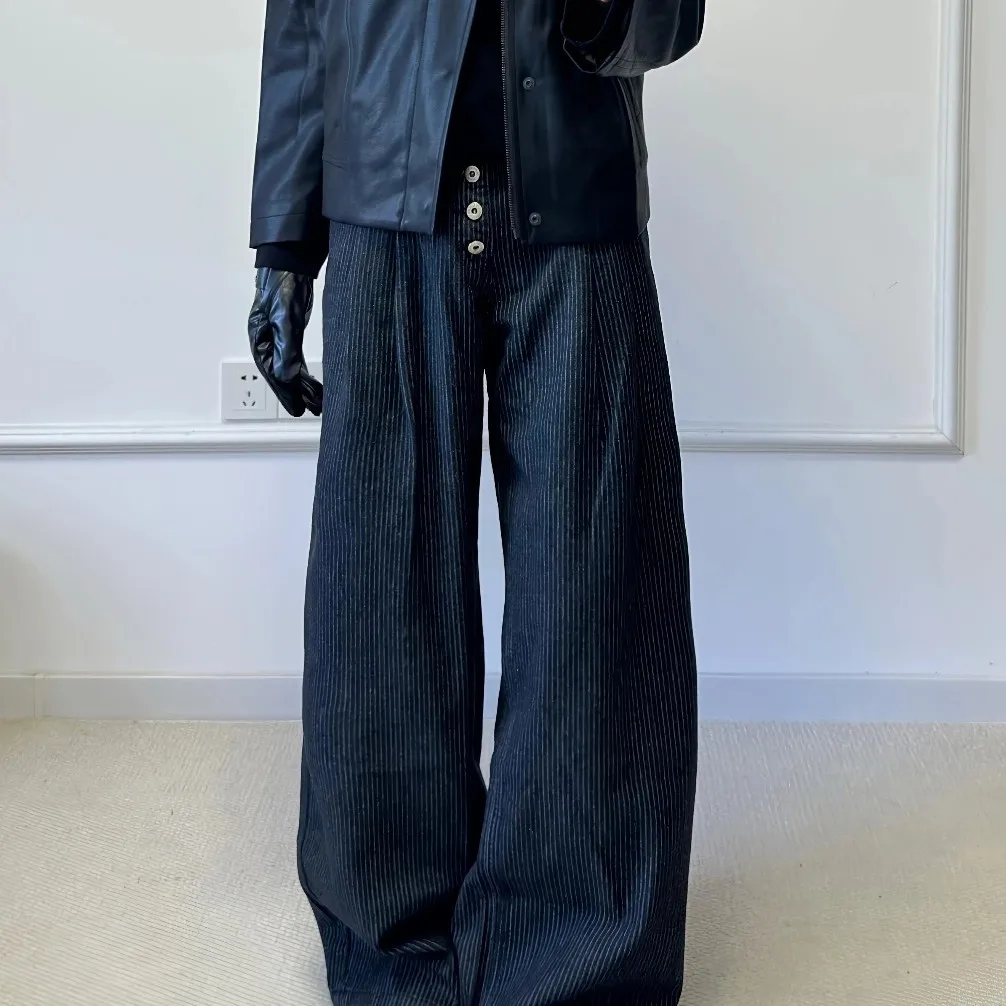 

Мужские джинсы с высокой талией, плиссированные, широкие, прямого кроя, повседневные, износостойкие, простые, элегантные, черные