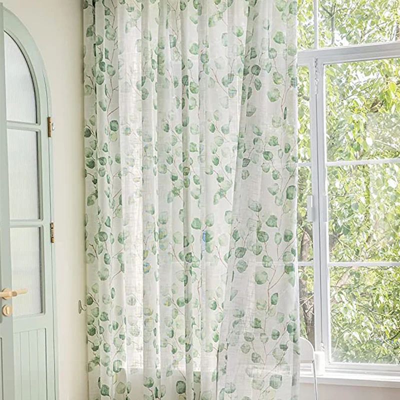 2 Panles Modern Bodhi Leaf Printed Polyester Rod Gauze Curtain For Living Room, Bedroom, Kitchen, And Curtain Decoration