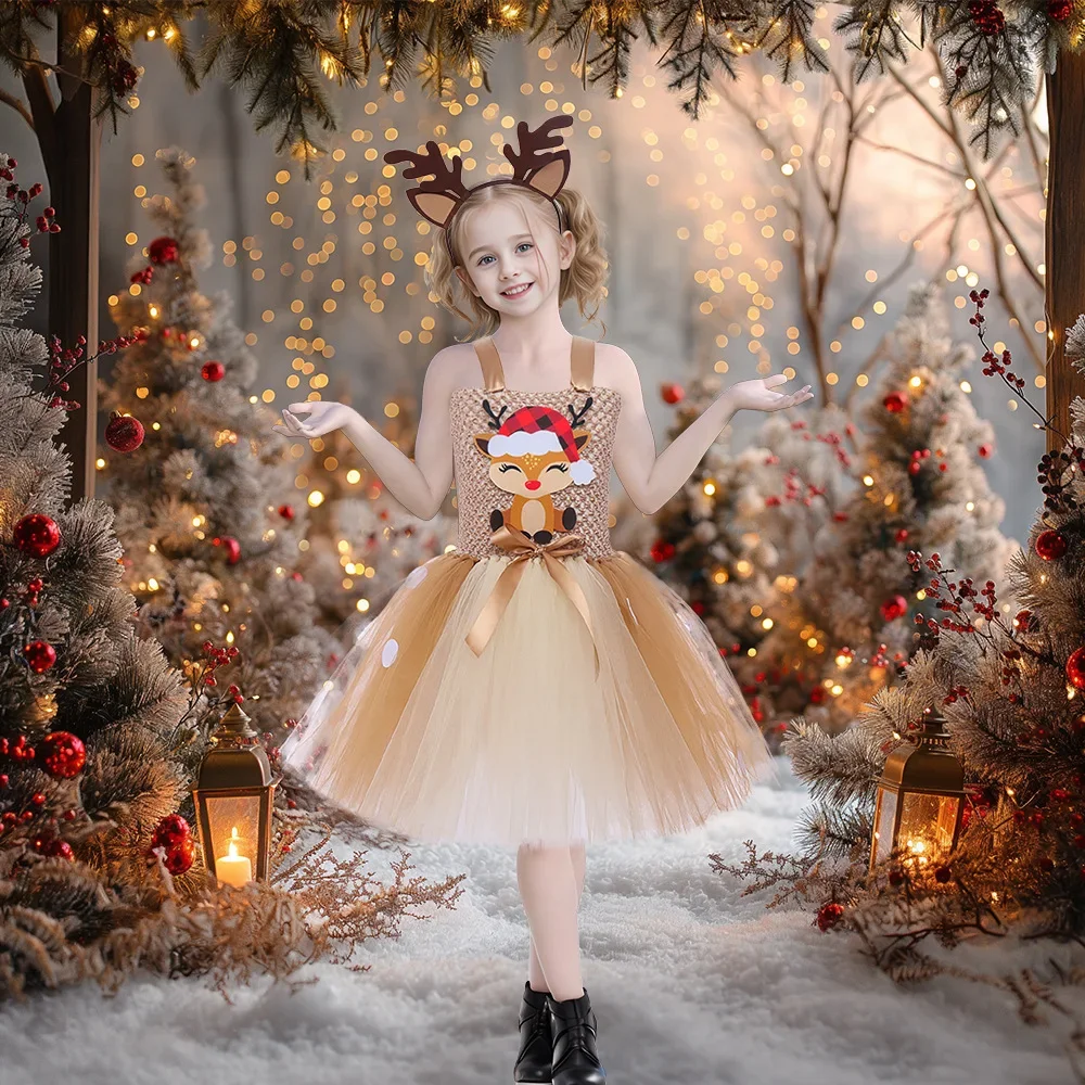 Christmas Costume Children\'s Elk Net Gauze Princess Pompadour Skirt Plaid Hat Cartoon Fawn  Skirt Dance Performance Costume