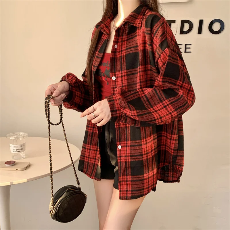 Red Plaid Shirt for Women Teen-girl Button Down Long Sleeve Collared Check Shirt Jacket Casual Fall Winter Christmas Outfit