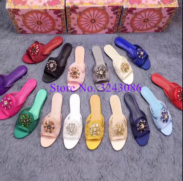 Sexy Lace Crystal Decor Lady Flat Slippers Fashion Design Woman Flat Sandals Comfortalble Casual Shoes Dropship