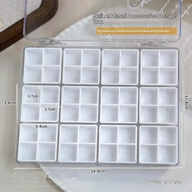 1 Stück durchsichtige Kunststoff-Aufbewahrungsbox mit 48 Fächern, Deckel und separaten Gittern zum Organisieren von Nagelkunst, Schmuck, Perlen, DIY-Zubehör – Detail 7