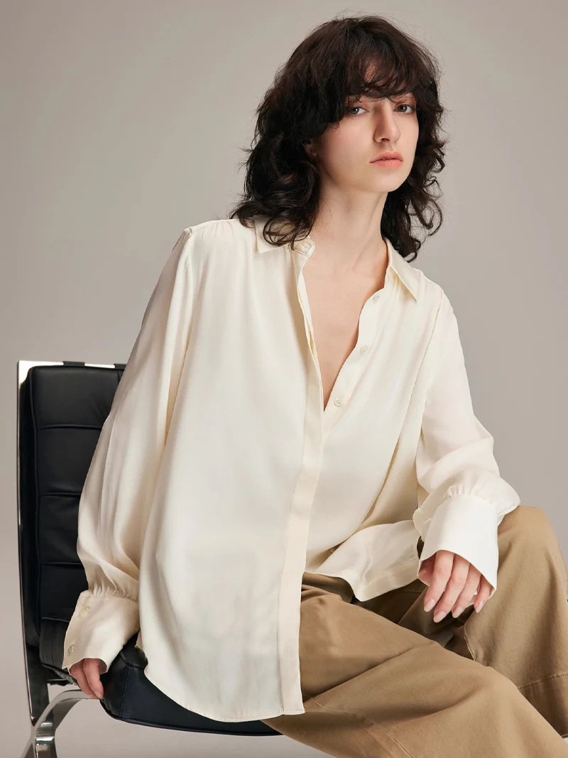 SuyaDream, Woman White Shirts, 95%Mulberry Silk 5%Spandex, Turn Down Collar, Solid Blouses, 2025 Spring Summer Office Lady Top