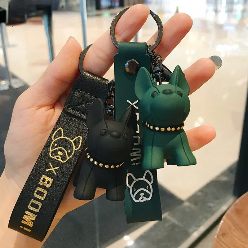 Men's Car Punk French Bulldog Keychain PU Leather Dog Keychains Fashion for Women Bag Pendant Jewelry Trinket Key Ring Key Chain