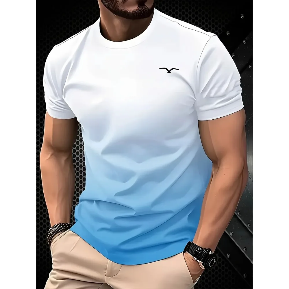 Men's Summer Luxury Gradient 3D Print T-Shirt, Turquoise Gold Swirl Wave Abstract Pattern, Crew Neck Short Sleeve, Breathable