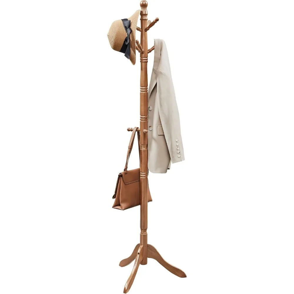 

Solid Wood Coat Rack Stand with 10 Hooks for Entryway Hallway Umbrella Holder Hat Bag Storage Caramel Brown