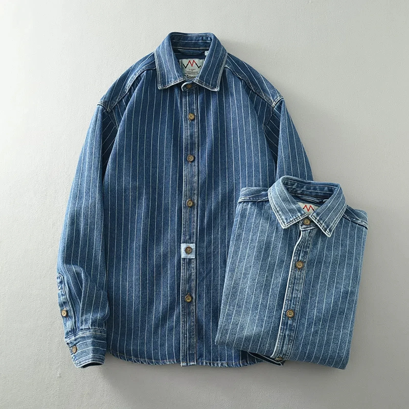 Classic retro striped denim shirt for men long sleeves washed loose blue trend plus size men\'s shirt tide