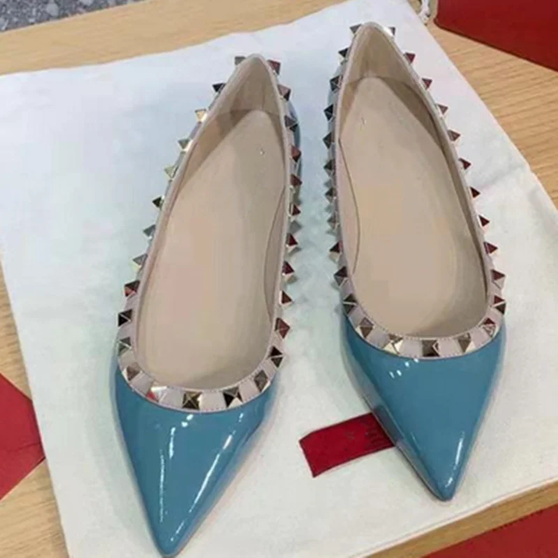 Women British American Styles Fashionable Daily Fashion Show Shoes With Studded Patchwork Patent Leather &Matte Flats Printed 45