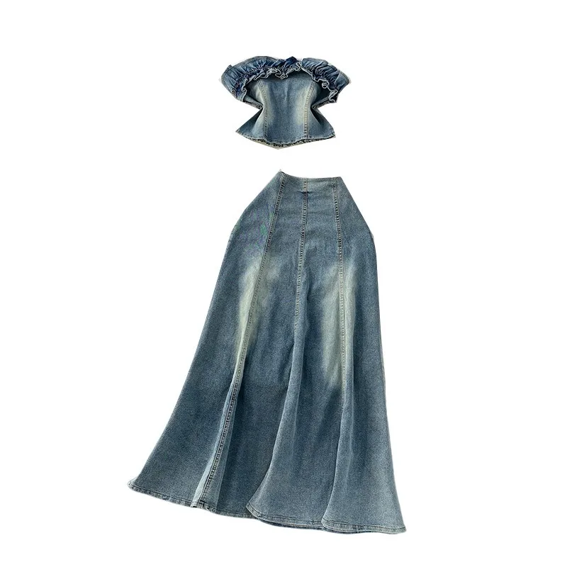 Denim Skirt Suit Women 2 Piece Sets Crop Top Long Skirts A Line Strapless Ruffle Tube Top Long Maxi Jean Skirt Matching Set Y2K - view 4