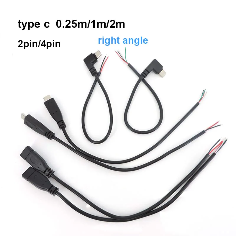 USB 2.0 Type C Male female 0.25/1/2m 2 4 core pin wire power date Charging Cable right angle Plug extension Connector DIY Repair