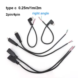 USB 2.0 Type C Male female 0.25/1/2m 2 4 core pin wire power date Charging Cable right angle Plug extension Connector DIY Repair