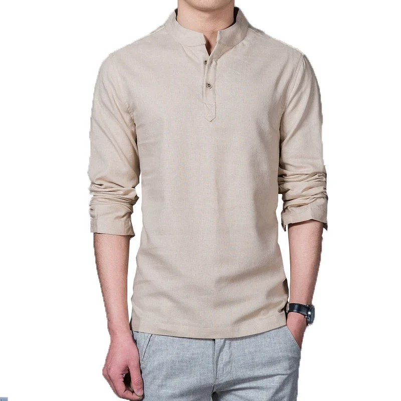 Men\'s Clothing  Men Spring Tops & Tees Male Fashion T-Shirts Stand Collar Long-sleeved Slim Base Shirt Homme Linen t-shirt