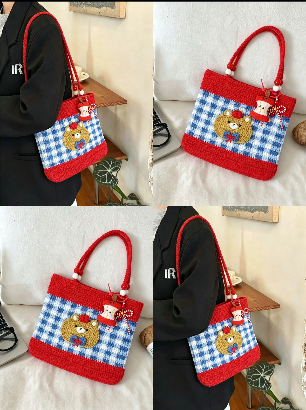 Handmade Checkered Shoulder Bag DIY Crochet Material Kit Mobile Phone Case Cover Gift Time Killer Wool Yarn Chessboard Pattern