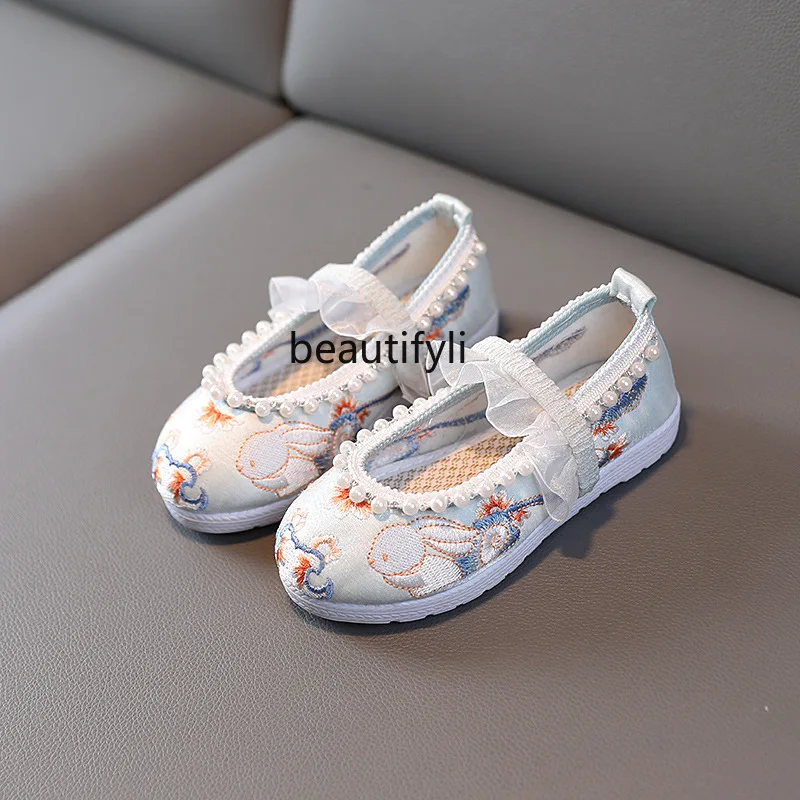 Shoes for Han Chinese Clothing Girls' Embroidered Shoes Spring Pearl Lace Princess Shoes Chinese Style