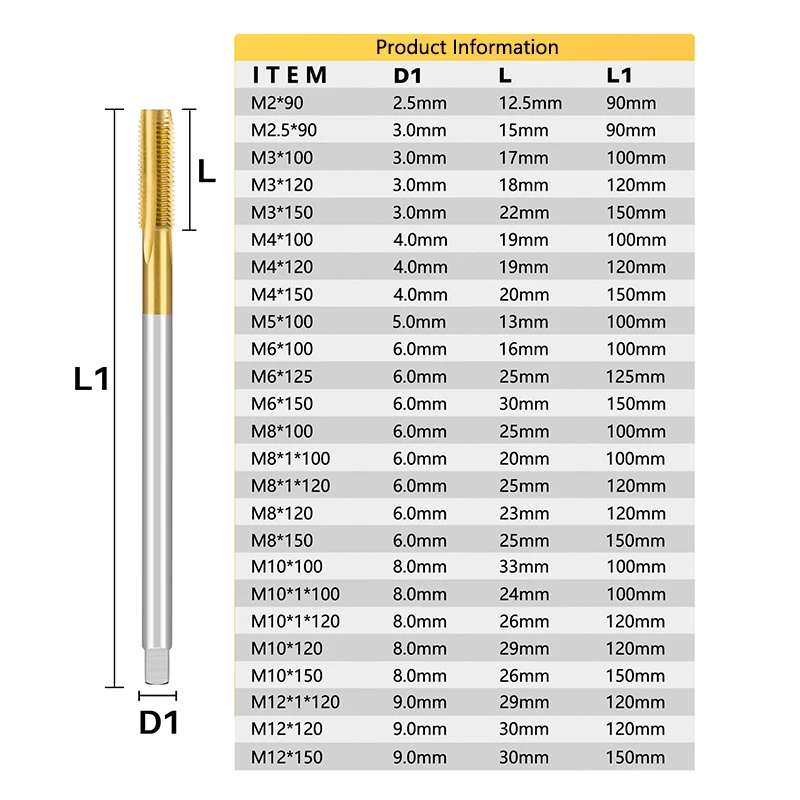 Machine Thread Tap 90-150 Long Shank Metric Plug Tap M2-M12 HSS Straight Flute Screw Taps For Metalworking Threading Tools