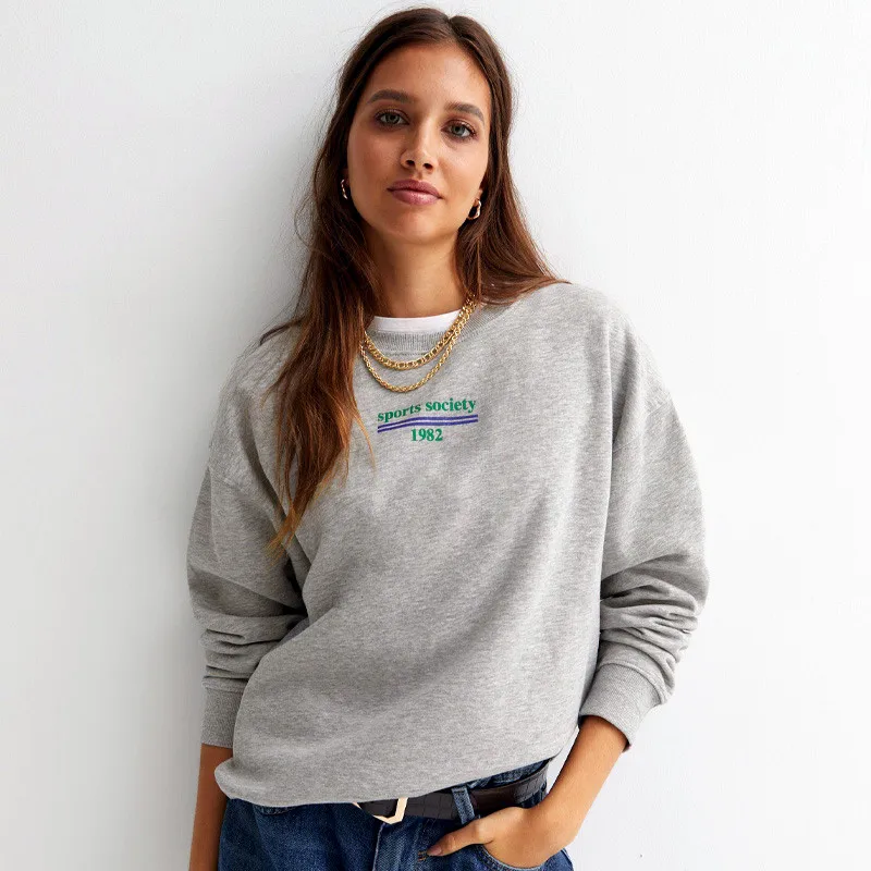 Sports Society 1982 Letters Printing Vintage Gray Style Sweatshirts Women Loose Cotton Crewneck Autumn Pullovers Thick Sweaters