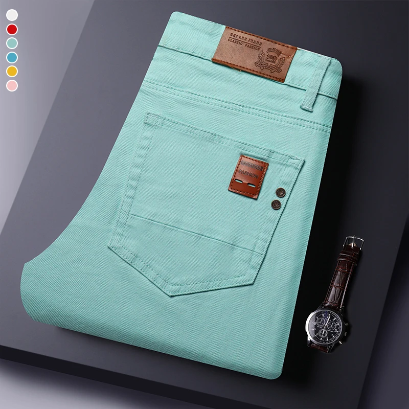 2025 Autumn Men's Elastic Colorful Jeans Breathable Casual Straight Fitted Solid Color Denim Pants Korean Fashion Trousers