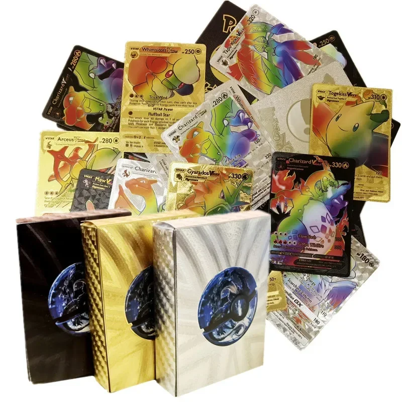 55Pcs/box Rainbow Pokemon Gold Cards Vmax GX EX Silver Black Flash Cards English Battle Trainer Booster Game Card