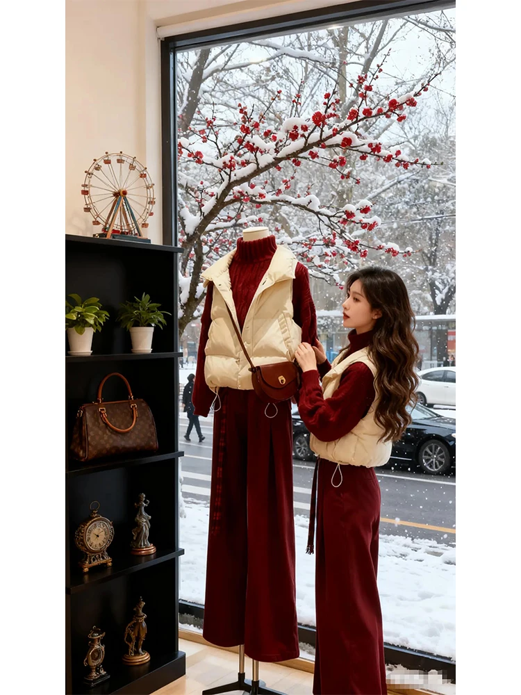 

Вязаный свитер в стиле ретро, повседневный комплект брюк, женский зимний новый утягивающий длинный свек, широкие брюки, комплект из футболки с высокой талией