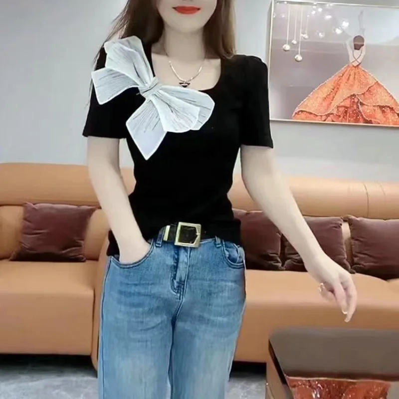 Summer Korean Commute Contrast Color Tie Flowers Bow Slim Square Collar Short Sleeve Comfortable All-match Women\'s T-Shirts Tops