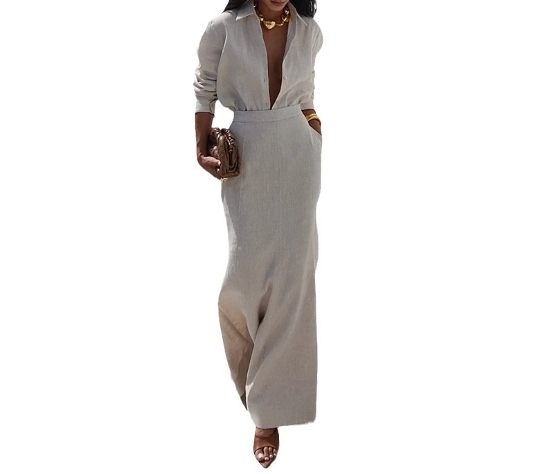 New Women's Clothing Style Elegant Lapel Long Sleeved Shirt High Waist Slimming Half Skirt Two-piece Set