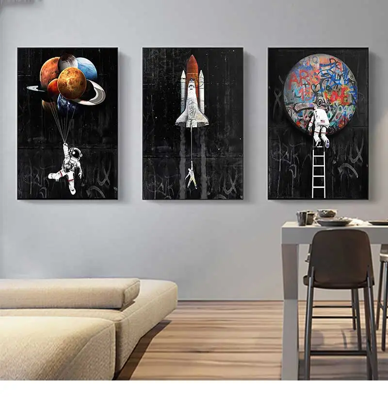 Painting Posters and Prints Space Plant Graffiti Modern Street Art Wall Art Pictures Unframed Astronaut Space Spacecraft Canvas