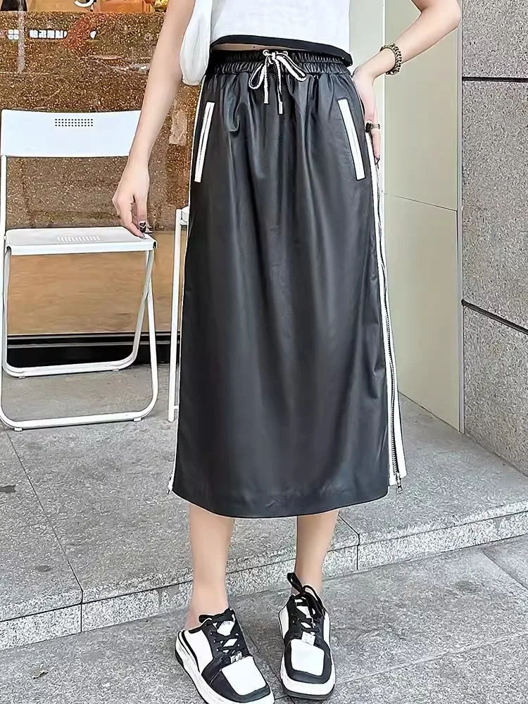 New Fashion Women Mid Calf Long Side Striped Zipper Split Skirt Slim Fit Elastic Waist Sheepskin Genuine Leather Straight Skirt