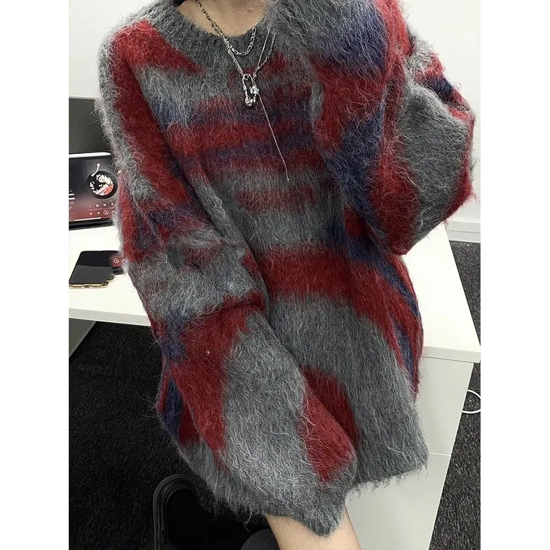 Women\'s Grey Mohair Pullover Knit Sweater Harajuku Y2k Long Sleeves O-Neck Sweater Vintage 90s 2000s Aesthetic Fashion Clothes