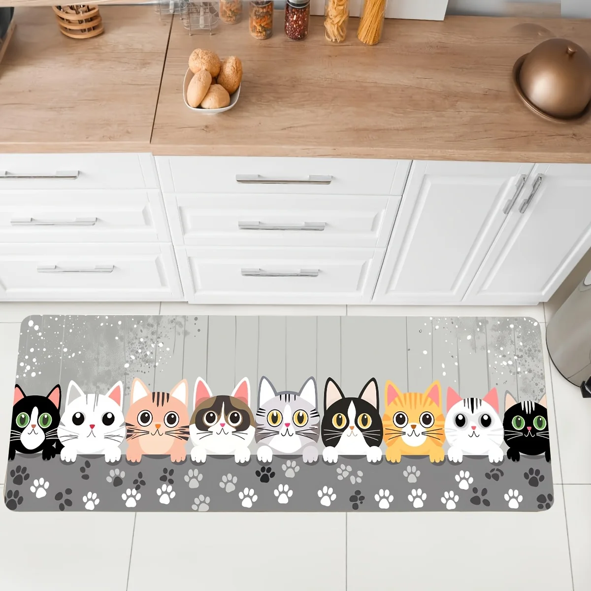 1pc Cute Cat Kitchen Runner Rug Set, Cartoon Kitten Paw Print Non-Slip Absorbent Floor Mats for Entryway Bathroom Hallway
