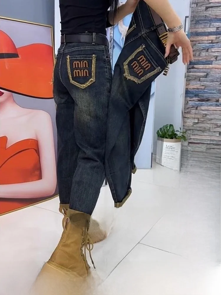 

Thiened Fce Women's Denim Jeans Autumn Winter Harlan Pants Slimming Dad Pants High Waist Nine Points Zipper Closure