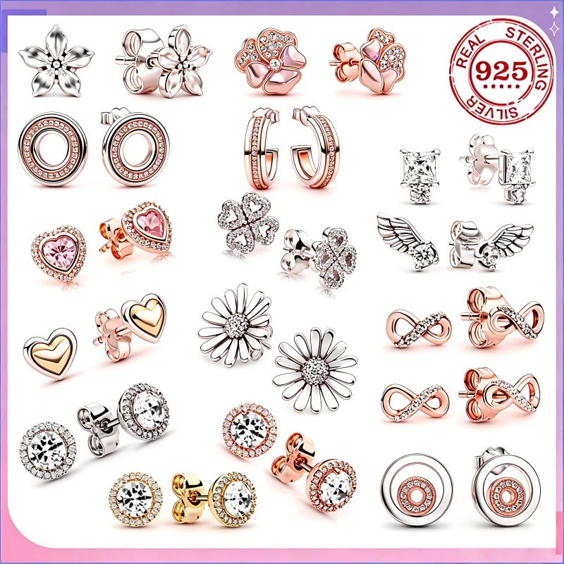 

100% 925 Sterling Silver Zircon Flowers Four-leaf clover Infinite Heart Love Sparkling Charm Earrings Women Girl Fine Jewelry