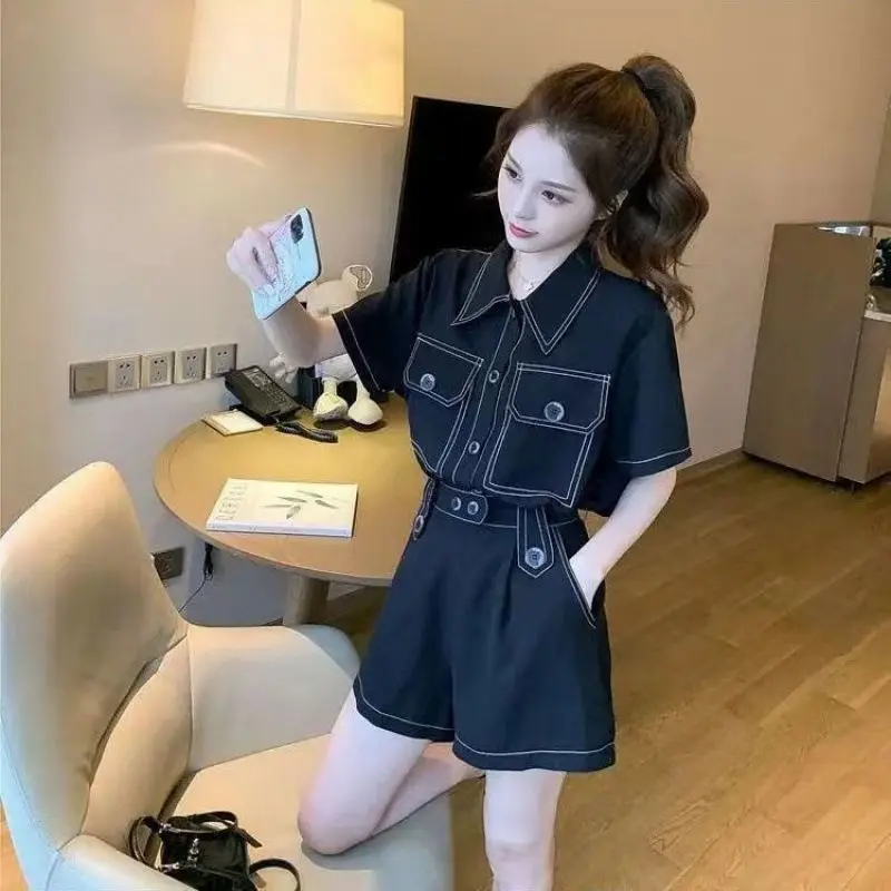 

Suit Women' Two-piece Fashion New Summer Shirt Women's Waist Thin Small Foreign Wide-leg Shorts Exquisite Personality Simplicity